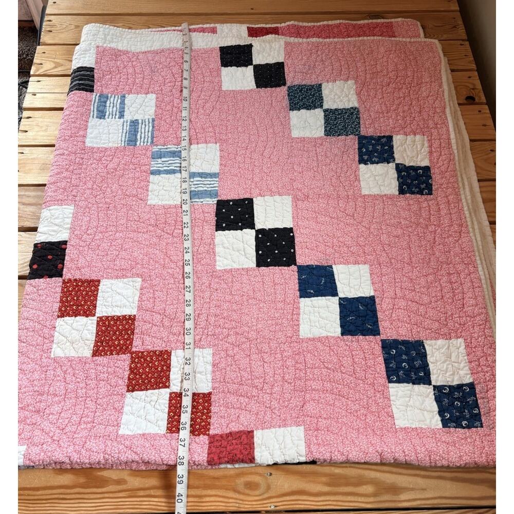 Vintage Handmade Patchwork Quilt Size 76x42 Pink M3 - Picture 6 of 8